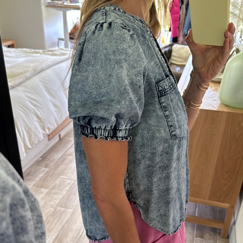 Blue Ruffled Puff Sleeve Blouse - Picture 2 of 5